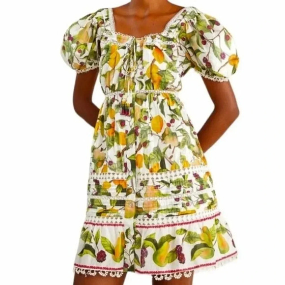 FARM Rio Dresses & Skirts - Farm Rio Fruit Orchard Mini Dress with Crochet Details Off White Size XS NWT